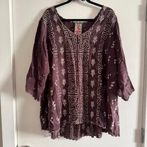 Johnny Was Ridden Embroidered Eyelet Top Deep Purple Scallop Hem Pullover Sz XL